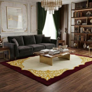 K&ouml;nnte beinhalten: Ein luxuri&ouml;ses Wohnzimmer mit einem dunkelgrauen Sofa, einem Holztisch und einem gemusterten Teppich mit cremefarbenem Zentrum und bordeauxfarbenem Rand. Der Raum umfasst ein B&uuml;cherregal, Beistelltische und gr&uuml;ne Vorh&auml;nge.