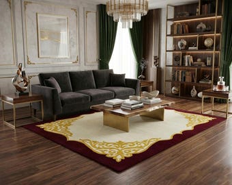 Handmade Tufted Rug, Luxury Burgundy Gold Area Rug, Classic Living Room Rug, Modern Designer Carpet, Custom Size Tufted Rug