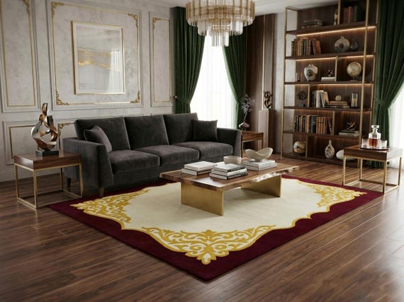 Handmade Tufted Rug, Luxury Burgundy Gold Area Rug, Classic Living Room Rug, Modern Designer Carpet, Custom Size Tufted Rug