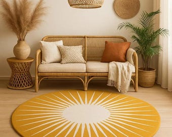 12x12 ft Handmade Tufted Sunburst Rug, Round Yellow Area Rug, Modern Minimalist Home Decor Carpet 5x5 7x7 9x9 11x11