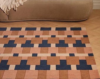 Alfombra de lana tejida a mano de 8 x 10 pies con patrón geométrico, alfombra abstracta moderna para sala de estar, alfombra suave para piso de 4 x 6 pies, 5 x 8 pies, 6 x 9 pies