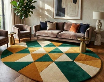 Geometric Oval Tufted Rug Green Mustard Modern Living Room Carpet