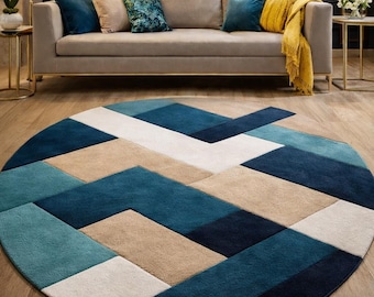 Handmade Round Tufted Rug, Blue Geometric Area Rug, Modern Living Room Rug, Soft Wool Carpet, Custom Round Rug Home Decor