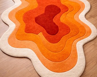 Handmade Tufted Abstract Rug, Orange Retro Area Rug, Modern Wavy Shape Carpet Home Decor 4x6 5x8 6x9 8x10 9x12 9x13