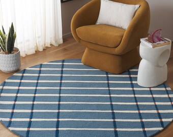 Alfombra azul a cuadros hecha a mano de 2,4 x 2,4 m, con mechones, moderna y redonda, de lana con diseño geométrico, ideal para la decoración de la sala de estar.