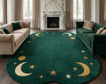 Emerald Green Celestial Tufted Rug with Gold Moon and Stars 8x10 9x12 10x14
