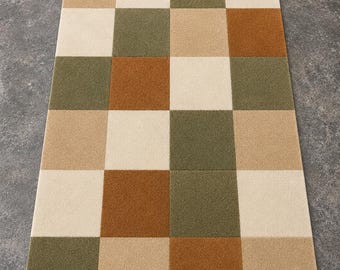 Alfombra artesanal de 3,6 x 4,5 m con diseño de tablero de ajedrez en tonos tierra, alfombra de lana personalizada para sala de estar, alfombra minimalista geométrica con diseño de pelo cortado.