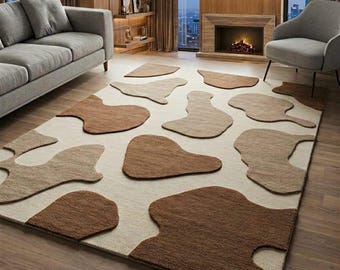 Handmade Tufted Abstract Rug, Modern Living Room Rug, Neutral Beige Brown Rug, Contemporary Area Rug, Luxury Home Decor Carpet