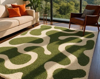 Handmade Green Tufted Rug Abstract Modern Area Rug Carpet Living Room Decor Soft Custom Rug