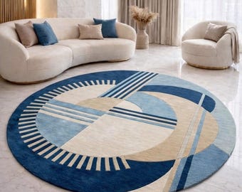 Handmade Round Tufted Rug, Blue Geometric Area Rug, Modern Living Room Rug, Abstract Circular Carpet, Custom Tufted Rug
