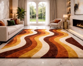Handmade Tufted Rug Retro Wave Design Modern Living Room Carpet Soft Plush Area Rug