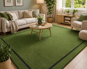 Handmade Green Tufted Rug Minimalist Border Rug Modern Living Room Carpet Soft Area Rug Custom Size Floor Decor
