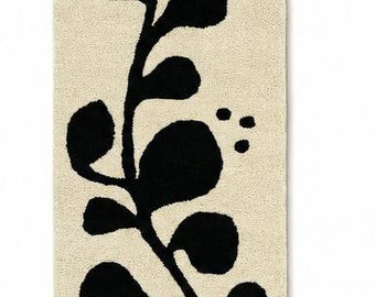 Alfombra de pasillo tejida a mano, alfombra botánica abstracta, alfombra moderna para pasillo, alfombra minimalista negra y crema.