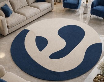 Handmade Tufted Round Rug: Blue Cream Abstract Carpet, Modern Living Room Floor Decor