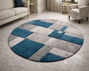 Round Geometric Tufted Rug, Blue Grey Modern Rug, Handmade Wool Area Rug, Living Room Carpet, Contemporary Round Rug Decor