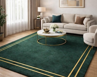 Handgefertigter Tufted Grüner Teppich, Moderne Goldborte, Luxus Teppich