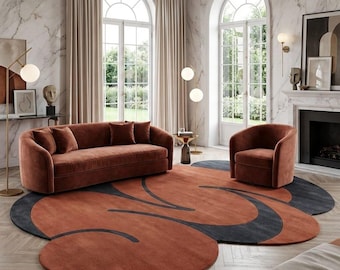 Modern Abstract Tufted Rug, Handmade Terracotta Area Rug, Unique Statement Living Room Carpet, Luxury Sculpted Shape Rug
