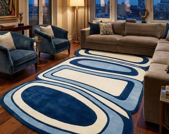 Modern Blue Tufted Rug, Abstract Geometric Area Rug, Handmade Living Room Carpet Decor