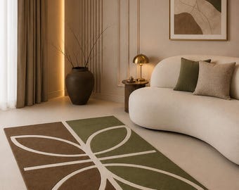 Alfombra moderna con diseño de hojas, alfombra verde y marrón, alfombra de lana hecha a mano, decoración para sala de estar, alfombra botánica abstracta.