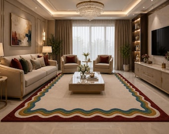 Alfombra de lujo con borde ondulado y mechones, alfombra de lana hecha a mano, alfombra moderna para sala de estar, decoración del hogar a medida.