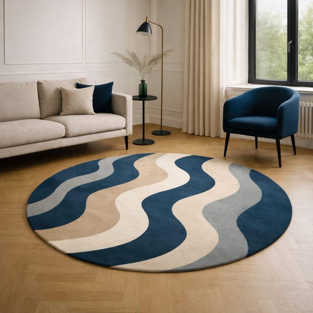 Handmade Tufted Round Rug, Modern Wave Design Blue Beige Area Rug ...