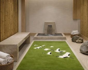 Handmade Green Crane Rug, Tufted Bird Area Rug, Modern Nature Rug, Luxury Living Room Rug, Custom Handmade Rug