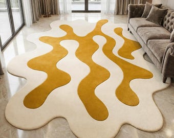 Mustard Yellow Tufted Rug Handmade Abstract Area Rug Modern Wavy Carpet Luxury Living Room Decor Soft Irregular Rug