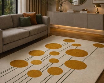 Handmade Mid Century Modern Tufted Area Rug, Mustard Yellow Abstract Floral Wool Rug for Living Room, Large Retro 70s Geometric Rug