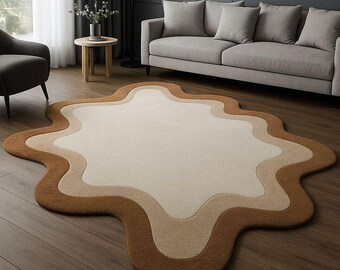 Organic Shape Tufted Rug Neutral Beige Brown Modern Abstract Area Rug Handmade