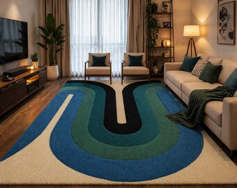 Alfombra tejida a mano de 9 x 12 pies, diseño abstracto en forma de U, color azul verdoso, alfombra moderna para sala de estar, alfombra de diseño único, 4x6, 5x8, 6x9, 7x10