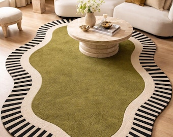 Alfombra ondulada irregular de 8x10 y 6x9 pies, alfombra a rayas con mechones verde oliva para sala de estar y dormitorio, decoración estética original y personalizada.