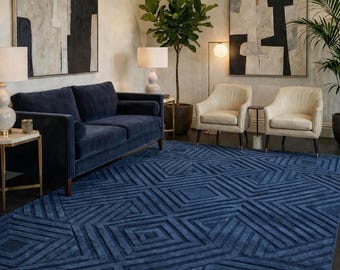 Blue Tufted Rug Handmade Geometric Modern Area Rug Luxury Living Room Carpet