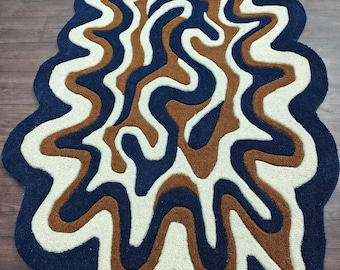 Handmade Tufted Abstract Rug, Modern Wavy Shape Carpet, Navy Brown Cream Area Rug, Aesthetic Home Decor Floor Rug