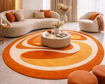 Handmade Tufted Round Rug, Orange Abstract Rug, Modern Living Room Rug, Retro Swirl Carpet, Mid Century Home Decor Rug