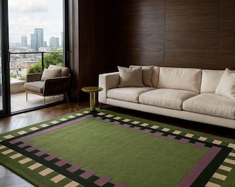 Handmade Green Tufted Rug, Modern Geometric Area Rug, Luxury Living Room Carpet, Custom Size Wool Rug 5x8 6x9 8x10 9x12 9x13 12x15