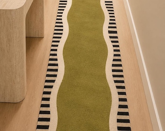 Olive Green Wavy Runner Rug Handmade Hallway Carpet Modern Entryway Decor