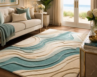 Alfombra con diseño de olas costeras Tranquil Tides • Sala de estar, dormitorio y casa de playa • 100 % lana