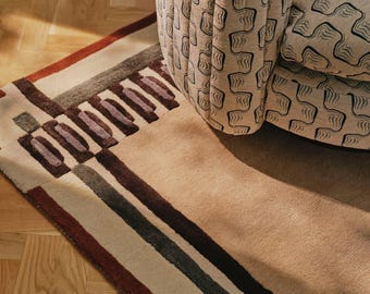 Alfombra de área tejida a mano, alfombra geométrica moderna, alfombra de lana beige neutro, alfombra personalizada para sala de estar.