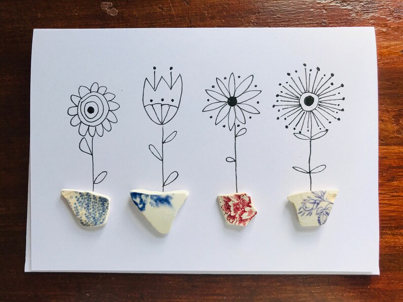 Sea Glass \u201cFlowers In Pots\u201d Blank Card
