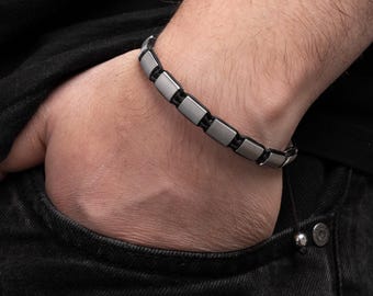 Men's Matte Stainless Steel Beaded Bracelet – Adjustable Macrame Cord