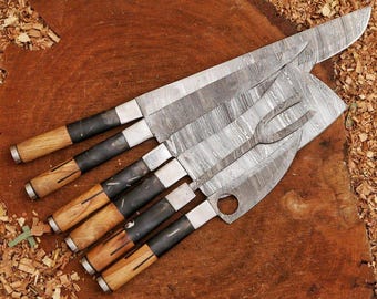 Hand Forged Damascus Steel Chef Knife Set - 6 Piece - Hardwood Handles