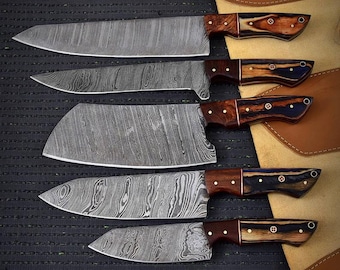 Hand-Forged Damascus Steel Chef Knife Set, Walnut Wood Handle