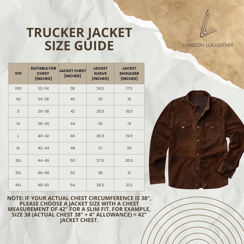 May include: A brown suede trucker jacket with a size guide. The size guide includes chest, sleeve, and shoulder measurements in inches. The jacket has two chest pockets and a button-down front. The text "Trucker Jacket Size Guide" is at the top.