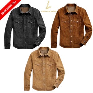 May include: Three suede shirts in black, brown, and tan. Each shirt has a button-down front, two chest pockets, and a classic collar. The shirts are from London Lux Leather, as indicated by the logo.