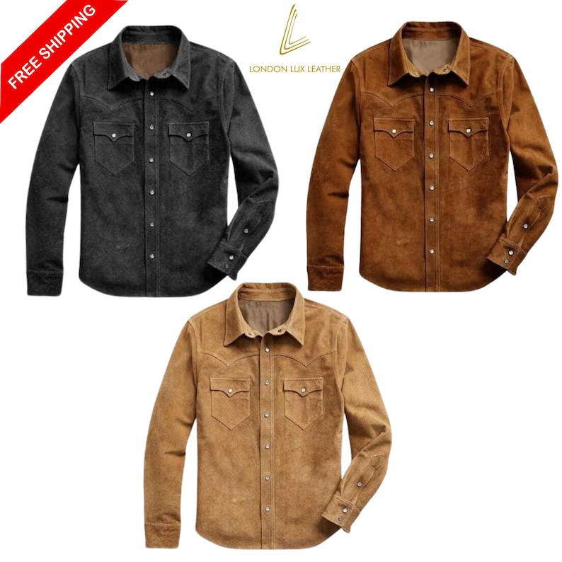 May include: Three suede shirts in black, brown, and tan. Each shirt has a button-down front, two chest pockets, and a classic collar. The shirts are from London Lux Leather, as indicated by the logo.