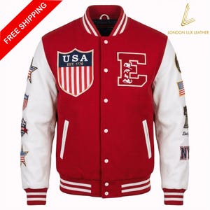 Custom Embroidery Varsity Jacket - Red White USA Edition Letterman - Real Sheep Leather & Wool Streetwear