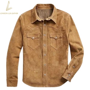 Men's Real Goat Suede Shirt Jacket Western Cowboy Vintage Style Trucker Jacket Real Suede Leather Shirt Casual Slim Fit Shacket Gift for Him Light Brown
