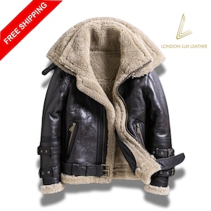 Women&#39;s Brown Shearling Leather Jacket B3 Bomber Aviator Coat, Real Sheepskin Aviator Pilot Jacket Vintage WWII Winter Fur Coat Gift for Her