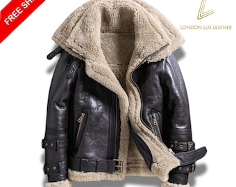 Damska brązowa kurtka ze skóry owczej B3 Bomber Aviator Jacket, prawdziwa kurtka pilotka z owczej skóry, vintage'owy zimowy płaszcz futrzany z czasów II wojny światowej, prezent dla niej