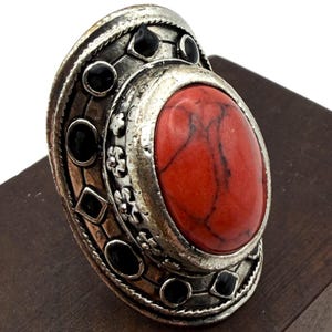 Vintage Red Coral Statement Ring | Large Oval Cabochon Silver Tone Adjustable Ring